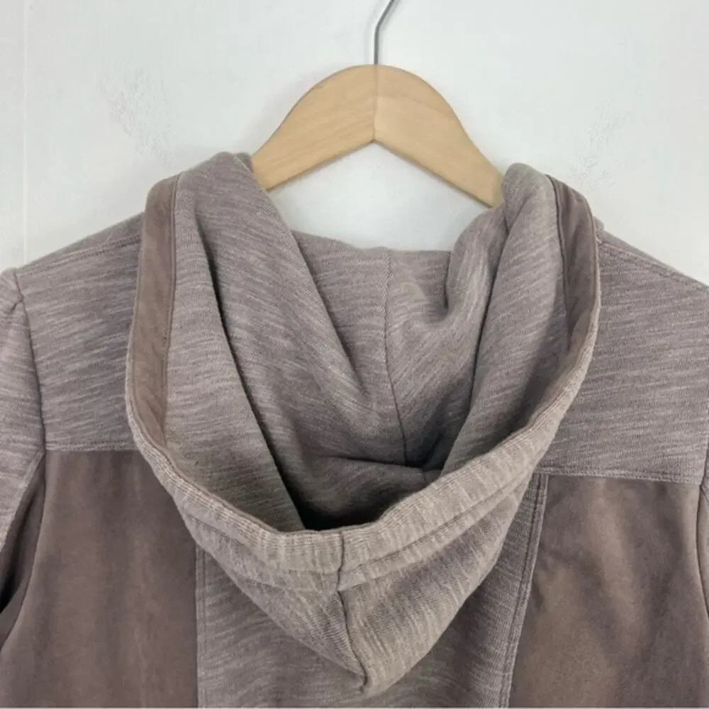 Anthropologie Akemi + Kin Taupe Abbe Full Zip Faux Suede Panel Hoodie Sweatshirt - Picture 10 of 15